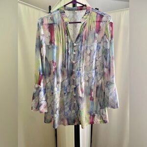 Sheer Watercolor Floral Long-Sleeve Top - Multicolor